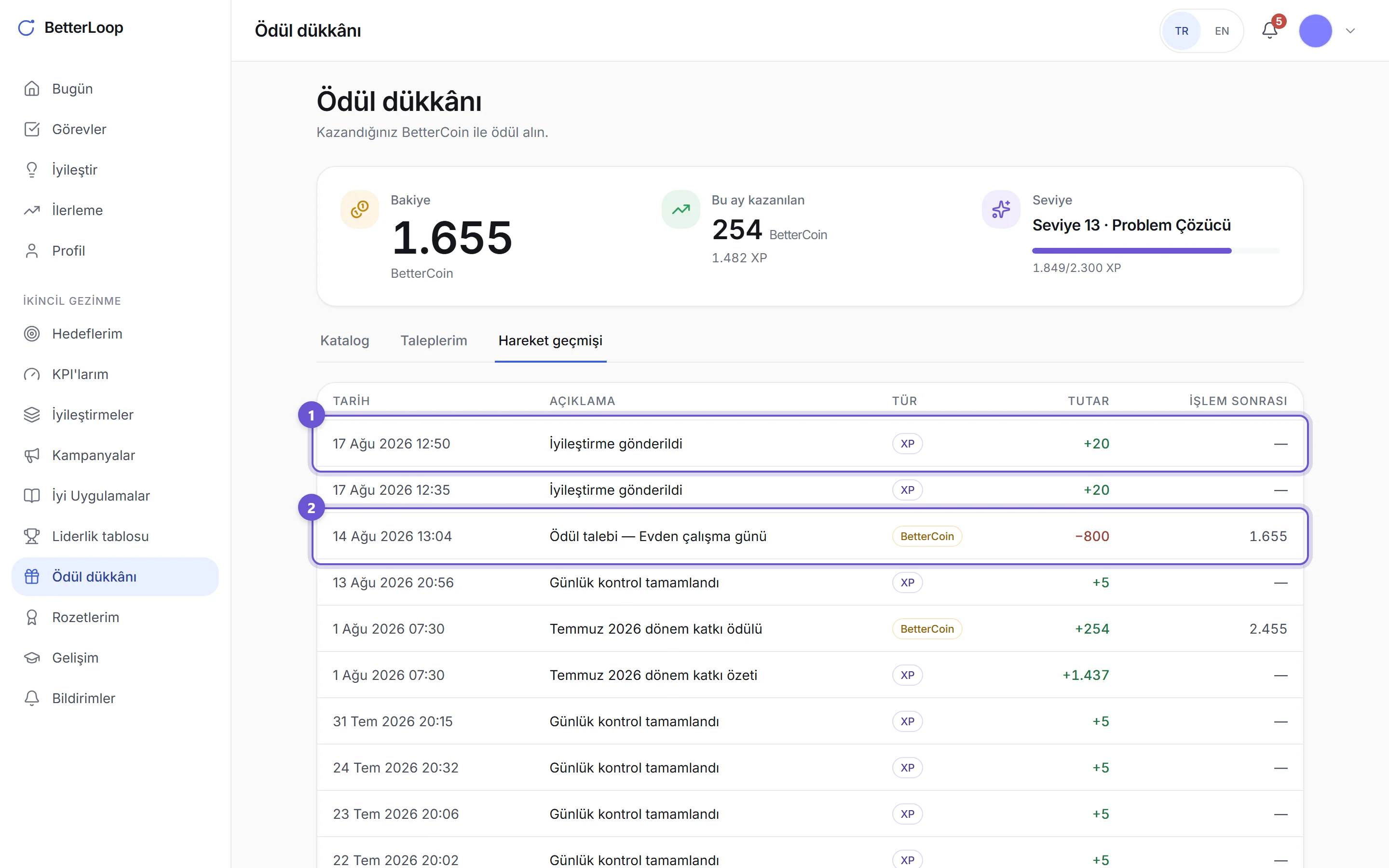 Ödül dükkânındaki hareket geçmişi tablosu: tarih, açıklama, XP veya BetterCoin türü, tutar ve işlem sonrası bakiye